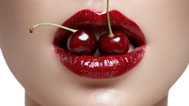 Close-up of ripe, red cherries on woman's lips, a sweet, juicy summer fruit dessert