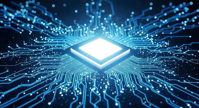 Glowing microchip at the center of a complex circuit board, symbolizing advanced technology