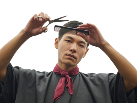 Non-binary barber skillfully cuts hair with scissors and comb representing inclusivity in beauty transparent background