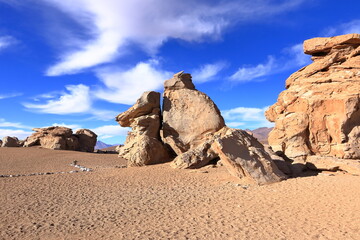 The famous stone tree rock formation (Arbol de Piedra) in the Siloli desert in the region of the Uyuni Salt Flat, Bolivia, South America