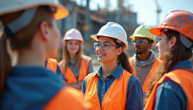 Diverse young students wear safety helmets, bright orange safety vests. Attend field trip, learn on large construction site. Group actively discusses engineering project, industrial work, job - Powered by Adobe