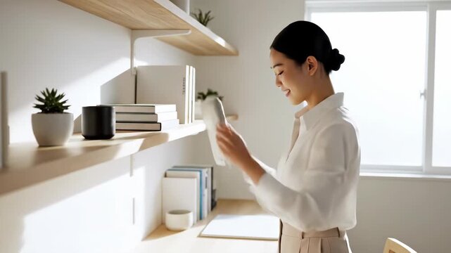 Young asian woman cleaning a home office space, dusting book shelves and desktop surface with a cloth. Home organization and decluttering concept.