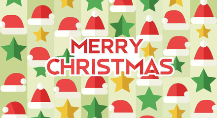 Festive merry christmas greeting with repeating santa hats and stars on a light green striped background