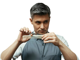 Professional barber focuses on haircut skillfully executing precision cutting techniques grooming expertise portrait transparent background