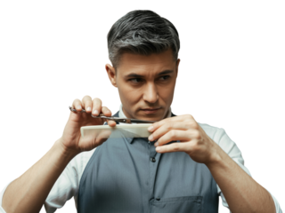 Professional barber focuses on haircut skillfully executing precision cutting techniques grooming expertise portrait transparent background