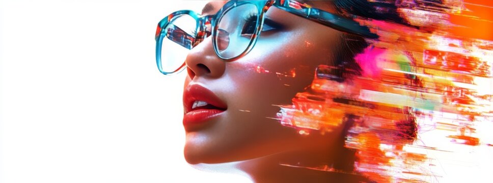 Woman wearing glasses with colorful glitch art effect background