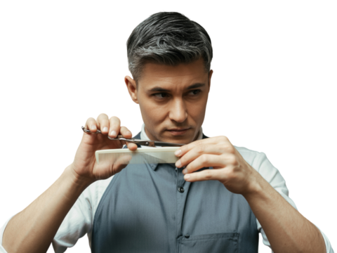 Professional barber focuses on haircut skillfully executing precision cutting techniques grooming expertise portrait transparent background
