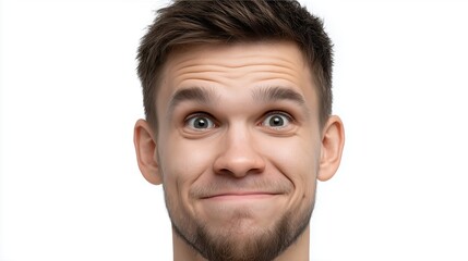 Obraz premium Young Man Making Funny Facial Expression On White Background. Isolated Studio Portrait Emphasizing Humor, Reactions, And Youth Lifestyle Visuals