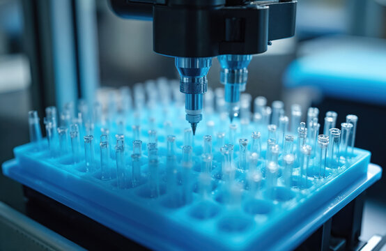 Automated robotic arm moves over microtube plate in lab. Machine prepares medical research samples. Robotic instrument handles micro tubes for chemical or biological analysis.