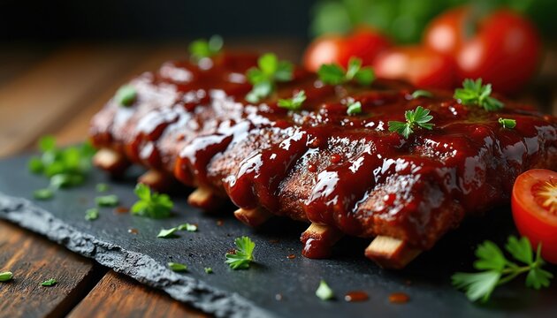 Close-up of glistening barbeque pork ribs coated in rich sauce. Garnished with fresh parsley and cherry tomatoes on a slate board. This juicy meat dish is ready for a delicious meal.