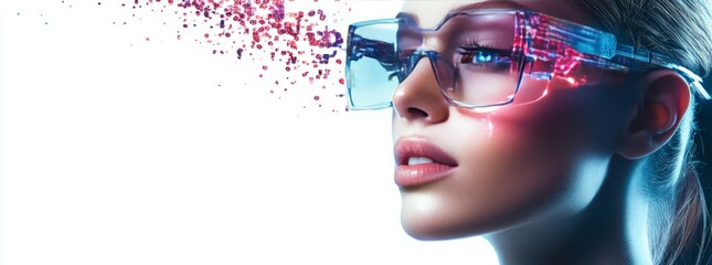Woman wearing futuristic smart glasses with pixelated glitch effect, augmented reality concept