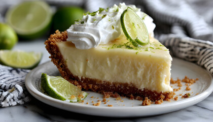 A slice of key lime pie with a graham cracker crust and a tart lime filling