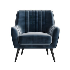 Close up of a blue velvet chair on a black background studio