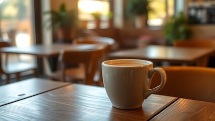 wakeup. A warm latte sits on a wooden table in a cozy cafe with morning sunlight and a soft background. bar promotions, beverage menus, designed for product packaging and bar promotions.