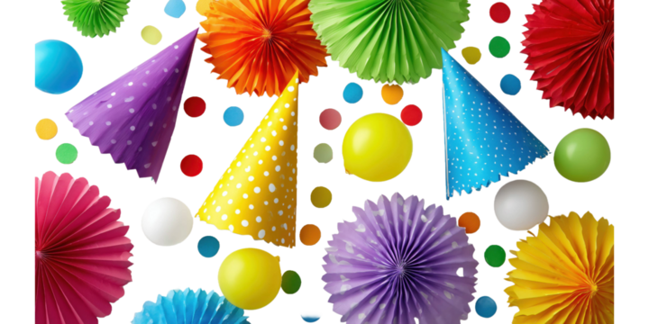 Colorful Celebration: A vibrant collection of party decorations, including festive hats, playful confetti, and cheerful paper fans, creating a delightful scene of celebration and joy.