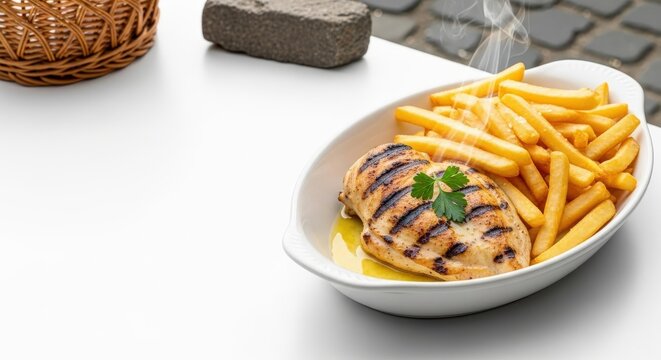 Classic Belgian Kip met Frieten (Grilled Chicken with Frites) Steaming in a White Dish with Copy Space