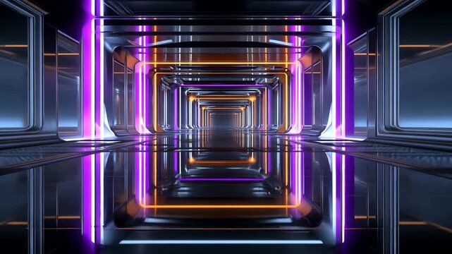 A futuristic chrome tunnel illuminated with neon purple, orange, and white light reflecting off a mirrored floor