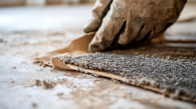 Gloved hand peeling old carpet from the floor, revealing a dusty and worn surface underneath. The peeling reveals layers of texture, highlighting the renovation process. Dust adds to a sense of work.