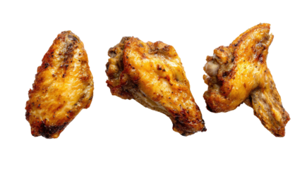 Delicious fried and grilled chicken wings and drumsticks isolated on a white background for a tasty snack or meal