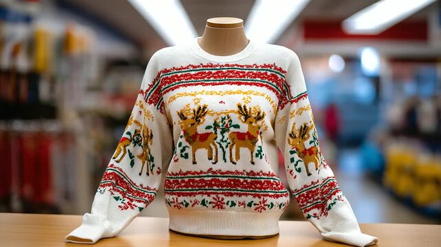 An 'Ugly Christmas Sweater' with a humorous reindeer design, shown flat lay or on a mannequin. Tacky, fun, retro style. blurred background, with copy space