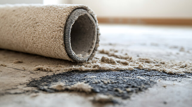 A rolled carpet with an accident in the background showing the need for cleanliness in home spaces. Demonstrates the significance of regular carpet cleaning and maintenance.