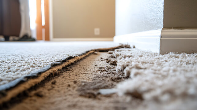 Close-up of damaged beige carpet with detached edges, revealing subfloor. Focuses on wear and tear, suggesting need for repair or replacement in interior setting.