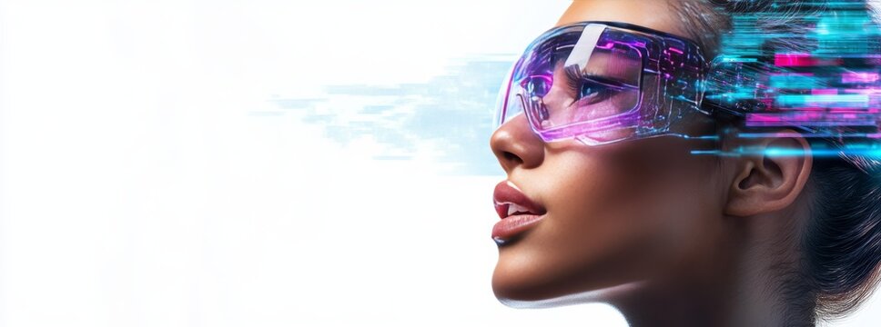 Woman wearing vr headset experiencing augmented reality with glitch effect