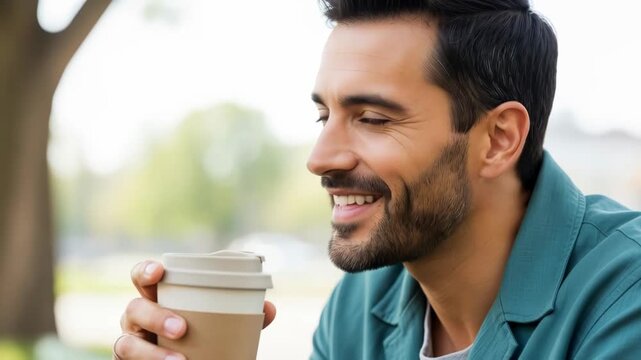 Smiling man enjoying coffee outdoors in casual setting  friendly and relaxed atmosphere