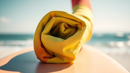 rashguard. A colorful rolled-up rashguard resting on a surfboard at the beach. event key visuals, club posters, designed for fitness apps and gym onboarding, drives event promotion.