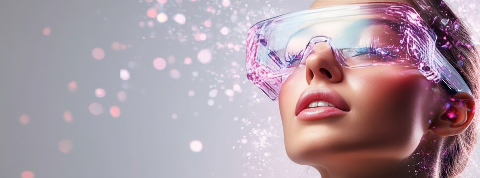 Virtual futuristic glasses with glitch effect and glitter worn by beautiful woman - Powered by Adobe