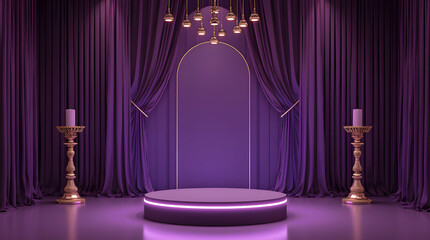 Theater stage with red velvet curtain and spotlight for performance and entertainment