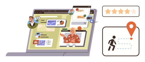 Laptop displaying video calls, charts, notifications, and profiles. Nearby dashboard shows path tracking and customer ratings. Ideal for communication, networking, remote work, organization