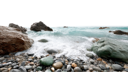 Coastal landscape view with surf waves crashing against the rocky shore