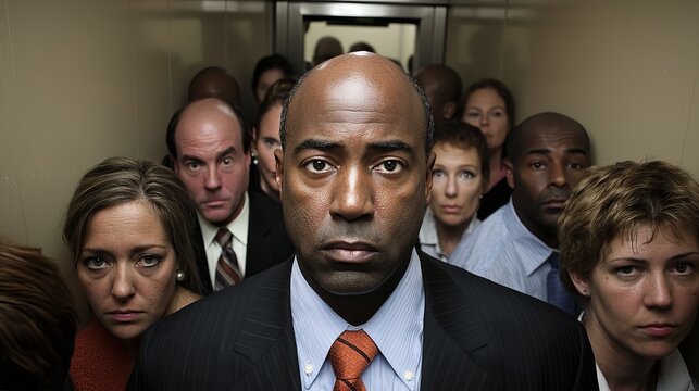 A tense moment in a crowded elevator featuring a diverse group of professionals, emotions reflecting uncertainty and anxiety.