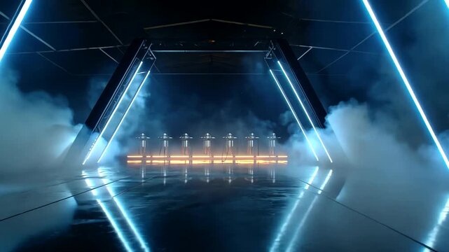 A futuristic stage with light bars, fog, and reflective floor creates a mysterious and ethereal atmosphere