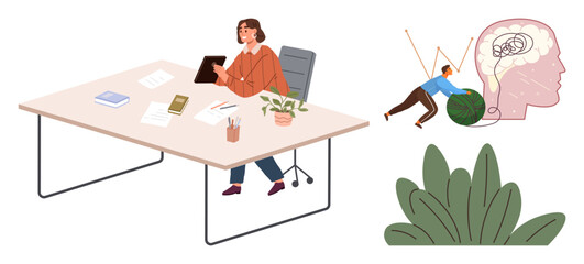 Professional seated at desk with plants, books, tablet man engaged in metaphoric brain task. Ideal for creativity, productivity, mental health, innovation, focus education self-improvement. Simple