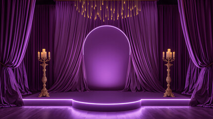 Stage with red curtains in a classic theater interior with vintage furniture and elegant decoration