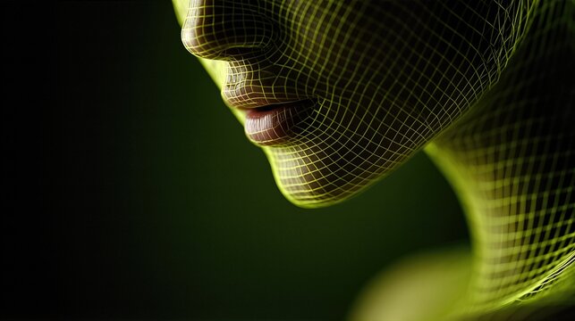 Close-Up Of Woman’s Lips And Jawline With Wireframe Overlay. Digital Identity, Facial Recognition, Or AI Technology Concept In Green Light