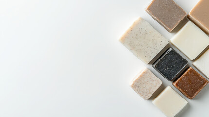Fototapeta premium Clean minimalist image of assorted handmade soaps arranged on white background, showcasing various colors and textures