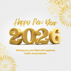Happy new year with gold text and fireworks celebrating the year of twenty twenty six in the image