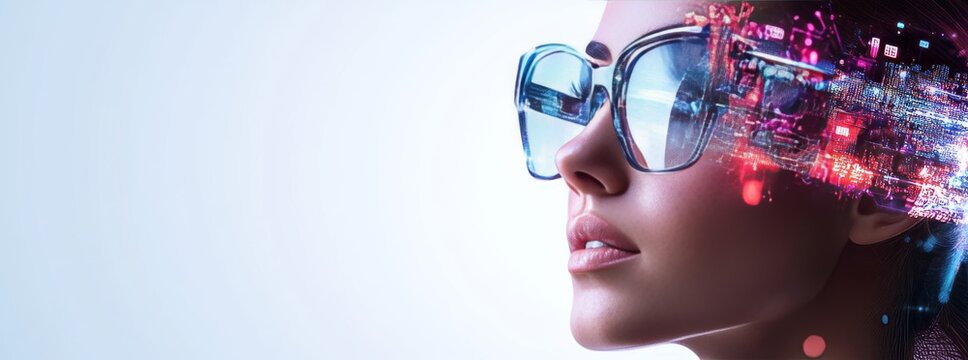 Woman wearing futuristic glasses experiencing virtual reality and augmented reality - Powered by Adobe