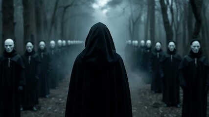 Hooded Figure in Black Cloak Walking Toward Rows of White Masked Figures in Misty Forest - Powered by Adobe