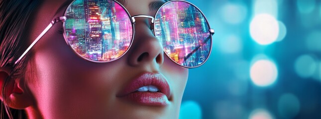 Woman wearing futuristic glasses reflecting colorful city lights