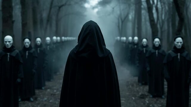 Hooded Figure in Black Cloak Walking Toward Rows of White Masked Figures in Misty Forest