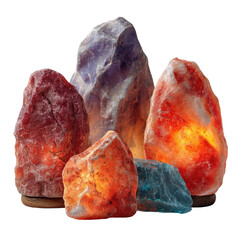 Glowing, raw, stacked crystals. Salt lamps. Soft light