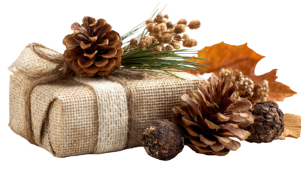 Still life Christmas decoration with brown pine cones, cinnamon, and candle on a wooden table for the winter holiday celebration