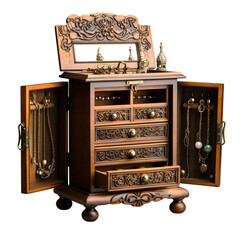 Ornate wooden jewelry box with drawers and open doors view