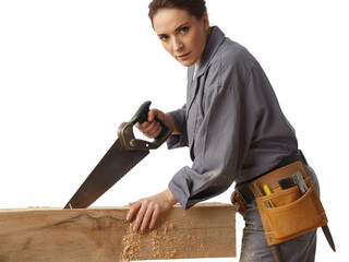 Focused female carpenter sawing wood demonstrating skill and dedication in construction and craft transparent background