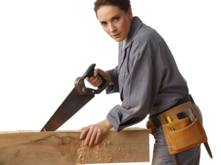 Focused female carpenter sawing wood demonstrating skill and dedication in construction and craft transparent background