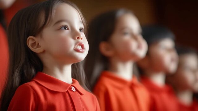 Young Singers in Harmony: A row of young children, dressed in bright red outfits, sing with their eyes closed, their faces expressing the purity and joy of their melodic performance.